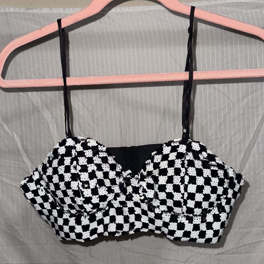 Meraki Black and White Checkered Sequin Bra Top